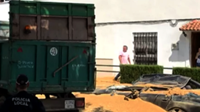 coche aplastado por el trigo